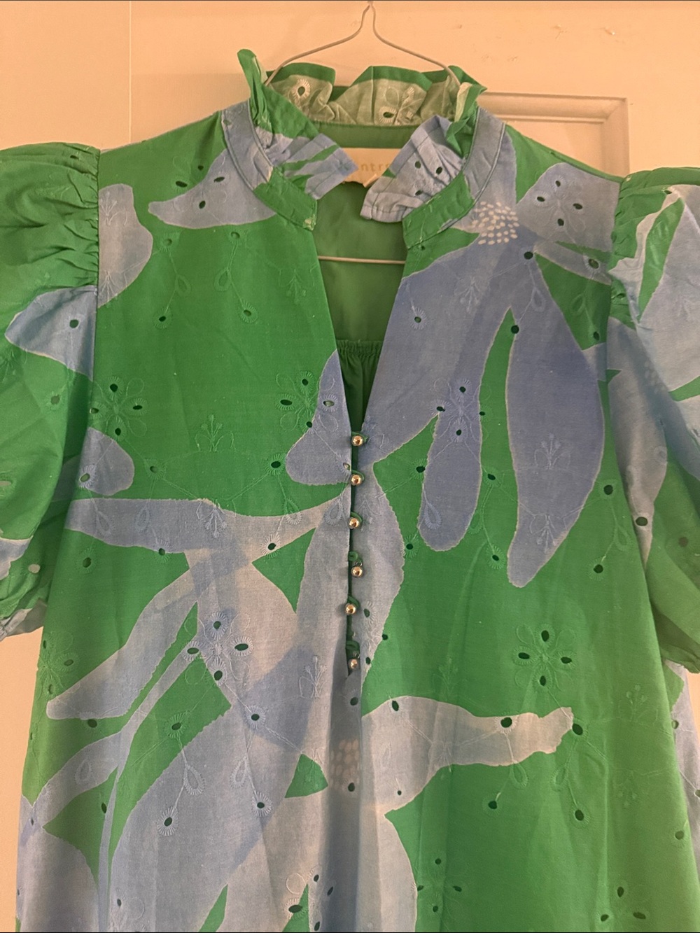 ENTRO Green and Light Blue Floral Eyelet Dress - Picture 2 of 3